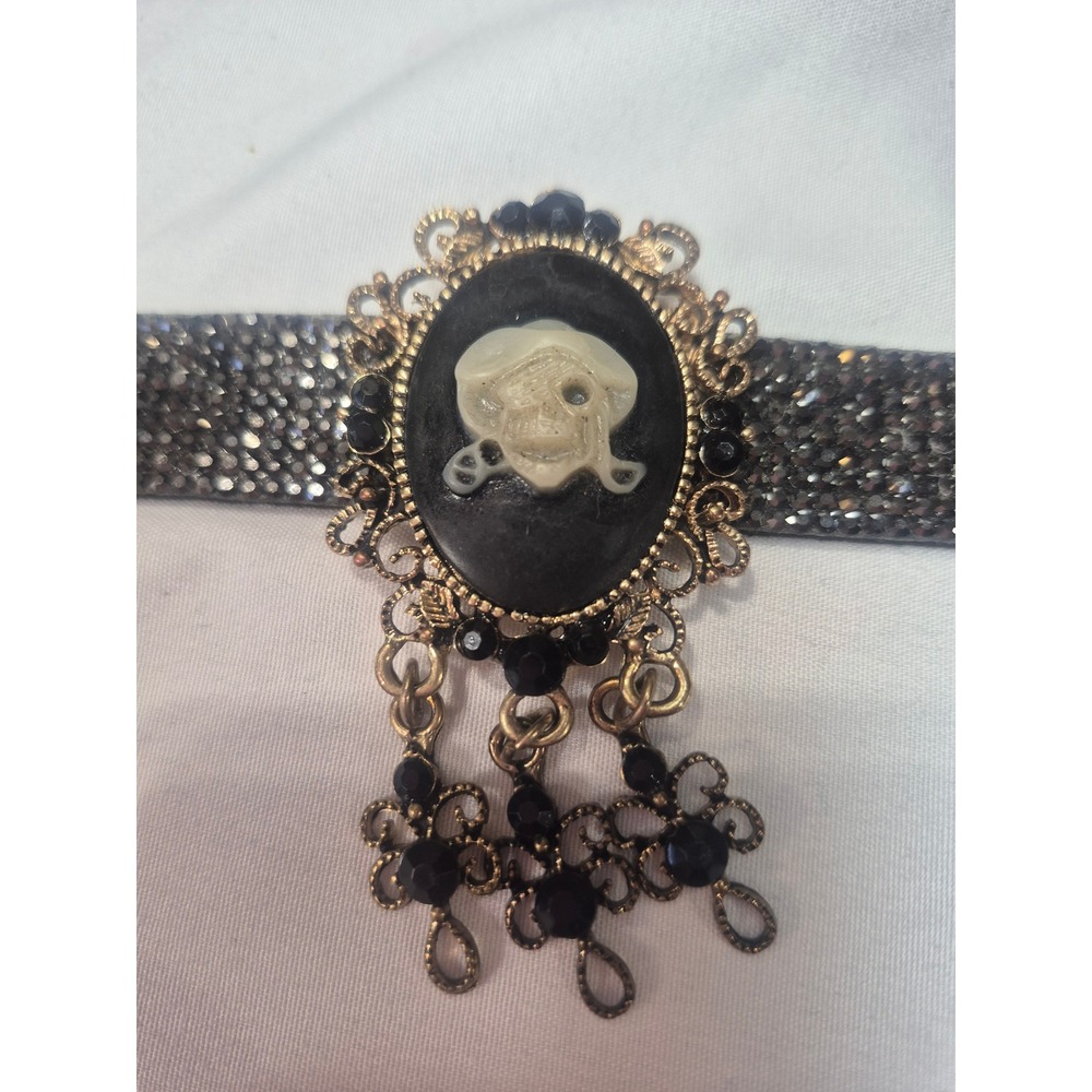 Gothic Skull Cameo Choker Necklace Victorian Gold Tone Black Rhinestone Dangles